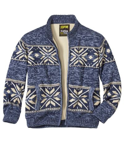 Men's Fleece-Lined Knitted Jacket - Mottled Blue Beige