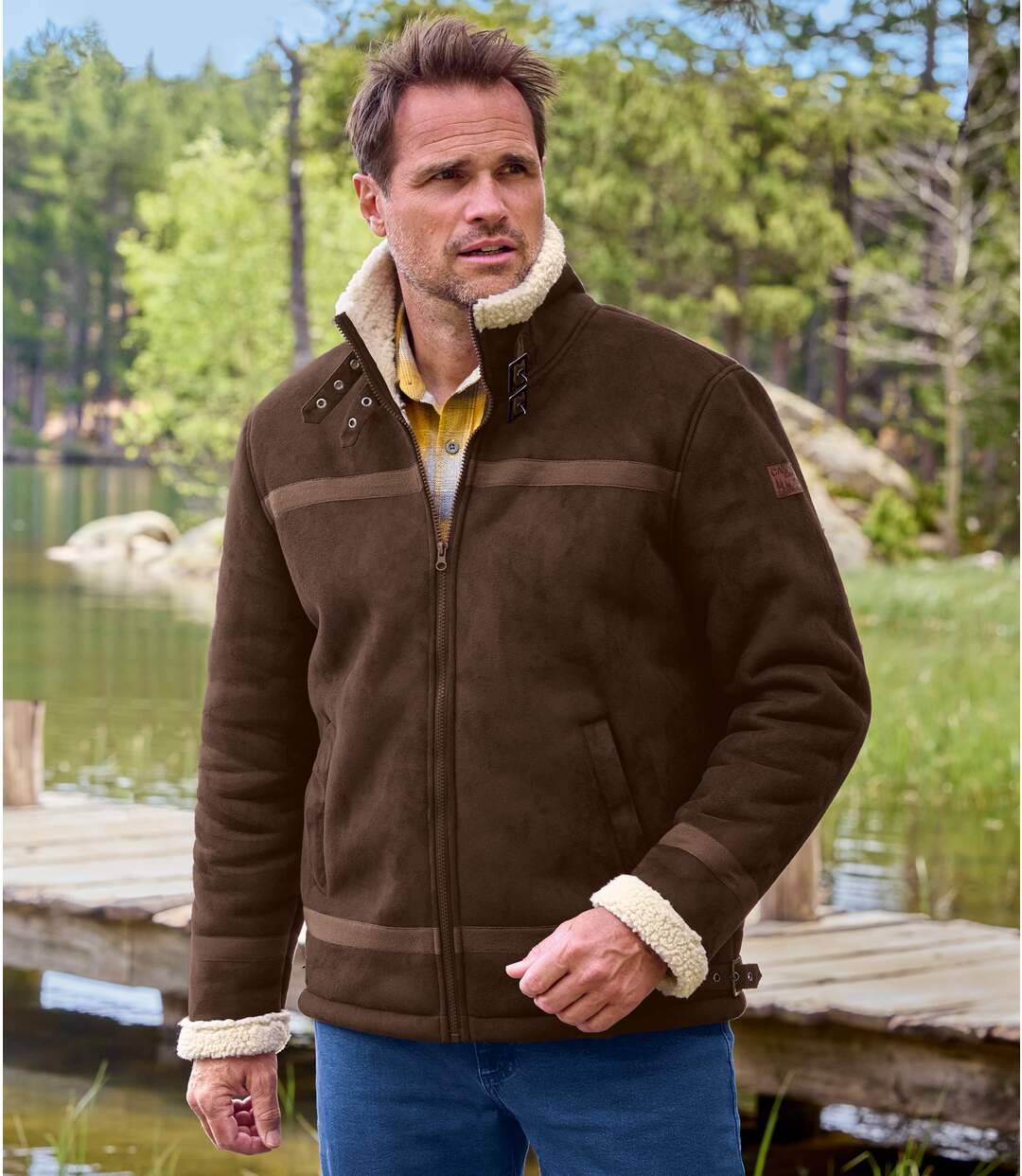 Men's Brown Faux-Suede Sherpa-Lined Jacket-6