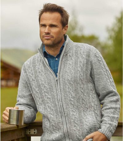 Men's Light Grey Fleece-Lined Knitted Jacket - Full Zip