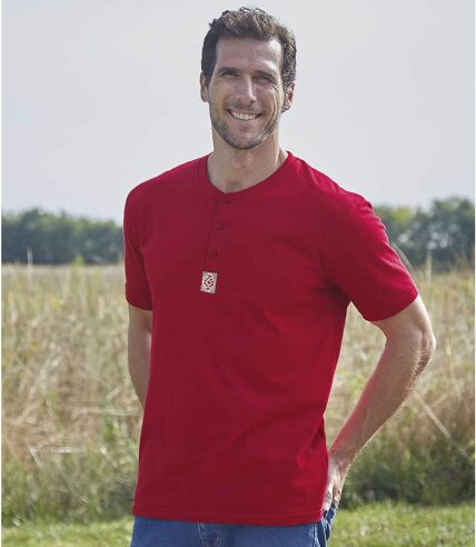 Pack of 3 Men's Button-Neck T-Shirts  - Red, White, Gray