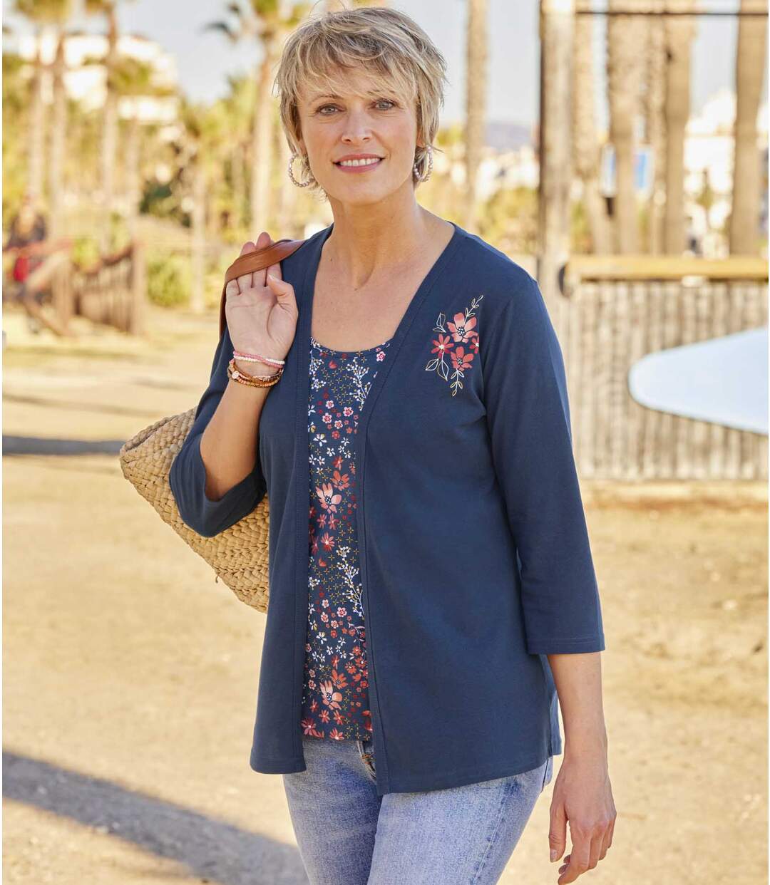 Women's Floral Vest Top & Cardigan Set - Navy Pink