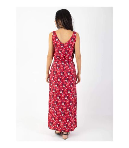 Robe longue fleurie SAVANA rouge ceinturée à larges bretelles Coton Du Monde