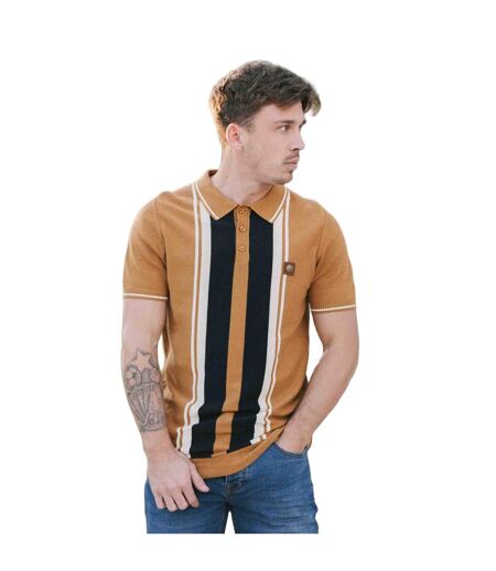 Mens Greco Striped Knitted Short-sleeved Polo Shirt Tobacco Lambretta
