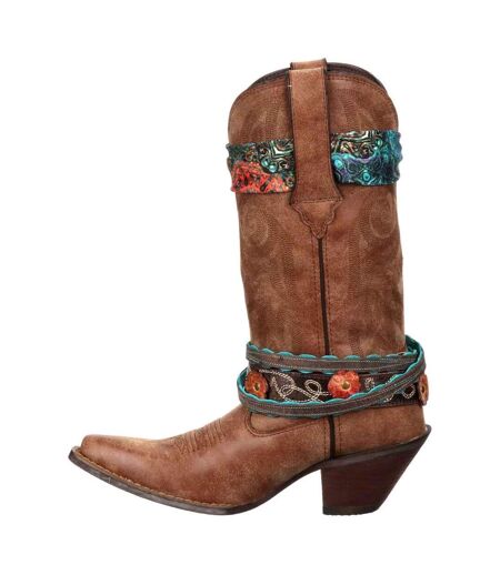 Womens/ladies Crush Leather Strap Mid Calf Cowboy Boots Brown Durango