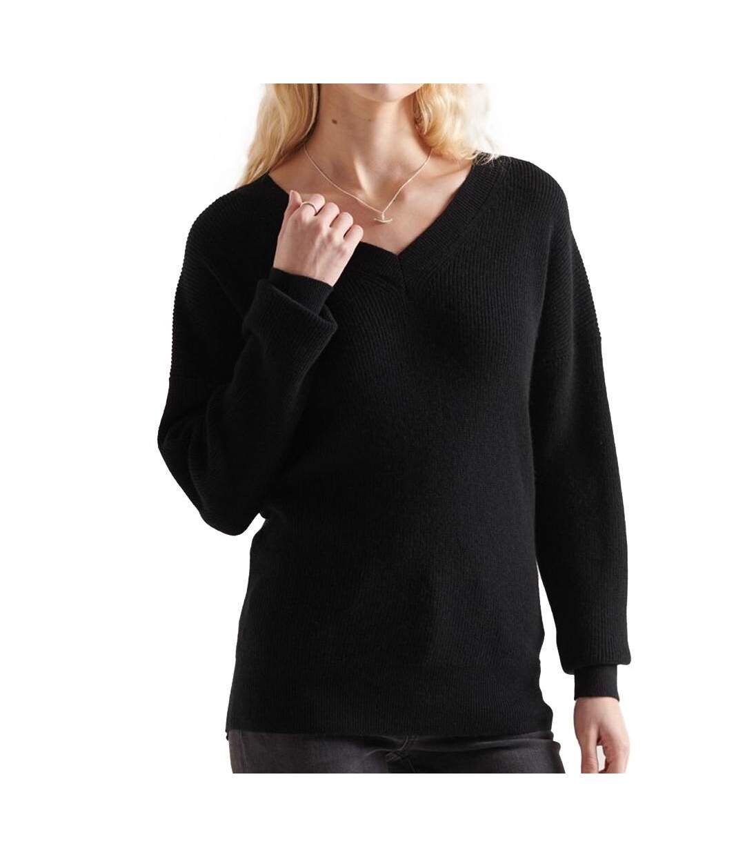 Pull Noir Femme Superdry Wool Cashmere Ribeed Vee - 34