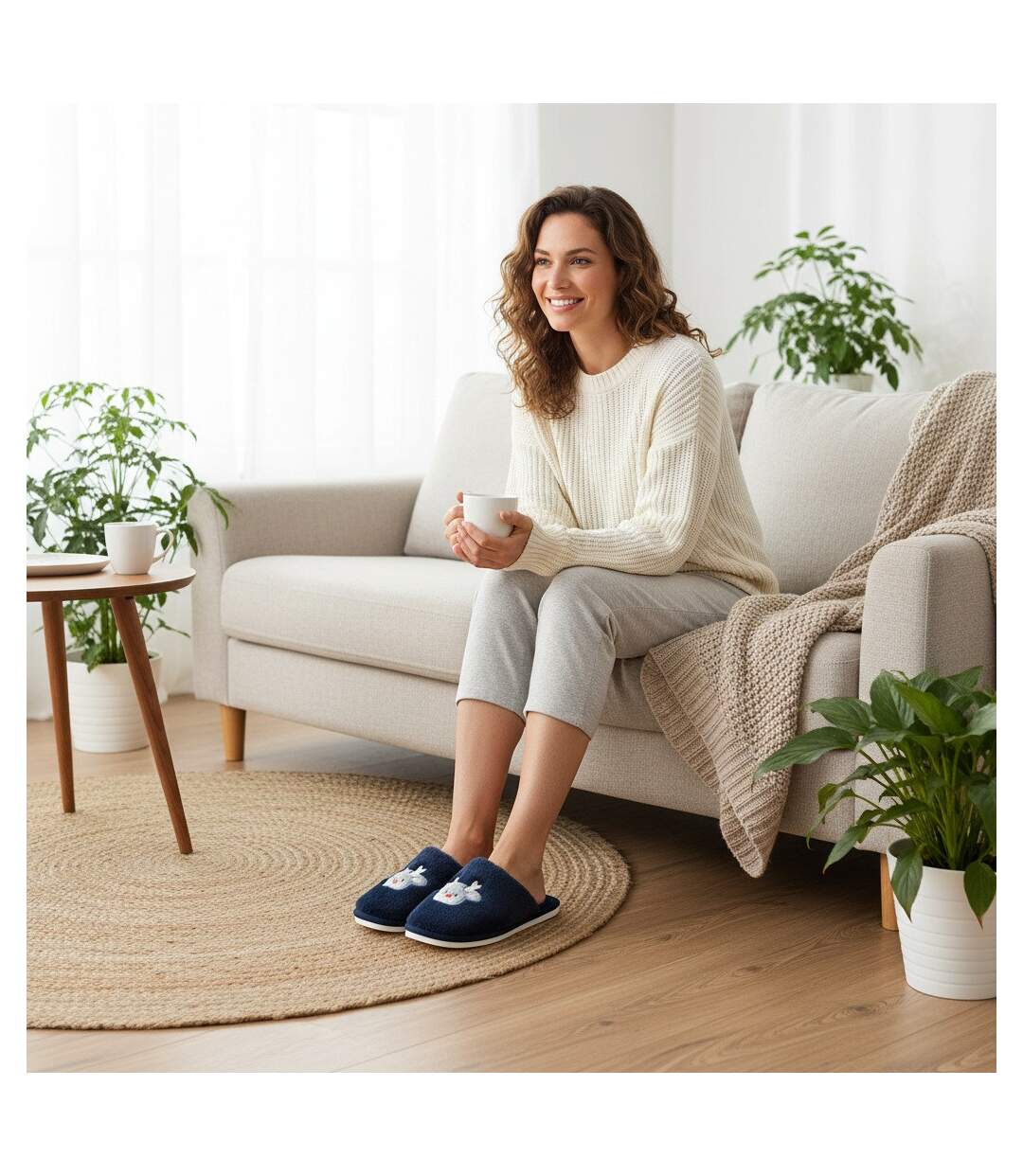 OZABI Pantoufles Ouvertes Femme, Fourrure Synthétique, Renne Brodé-5