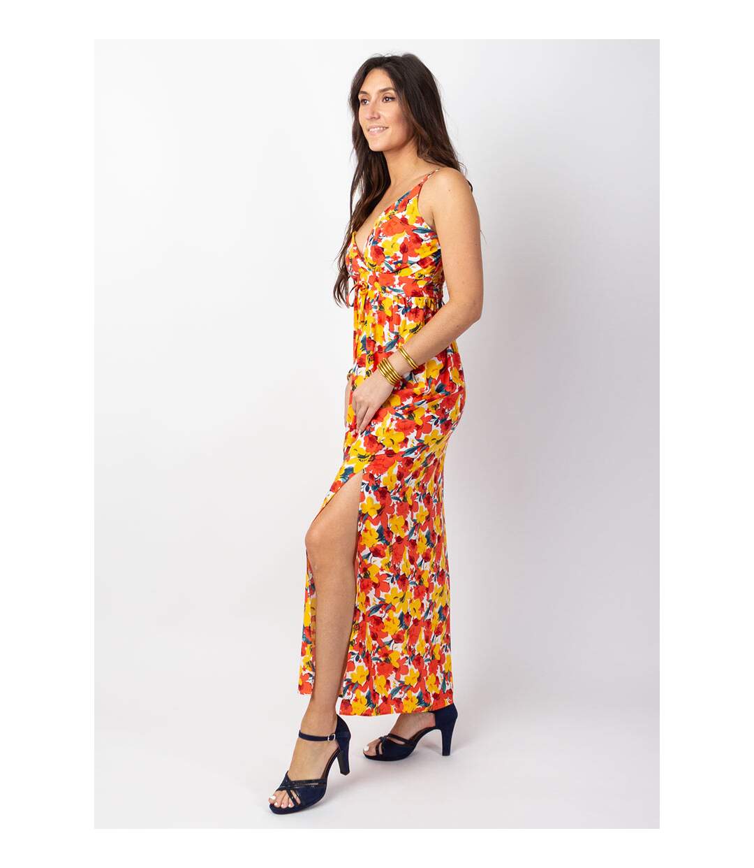 Robe longue fluide GLORIA fines bretelles imprimé fleuri Coton Du Monde-4