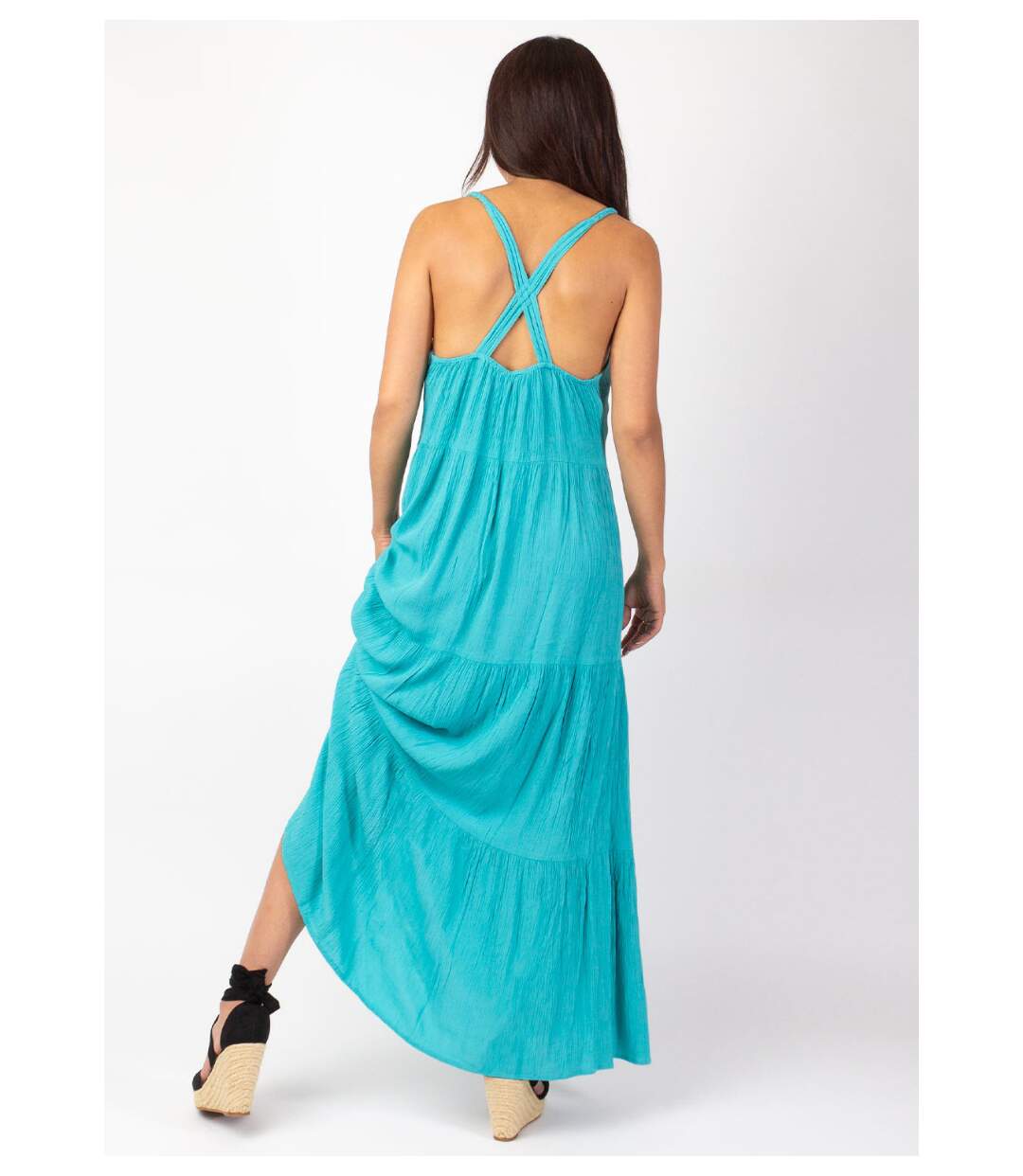 Robe longue unie fines bretelles torsadées MONICA turquoise Coton Du Monde-3