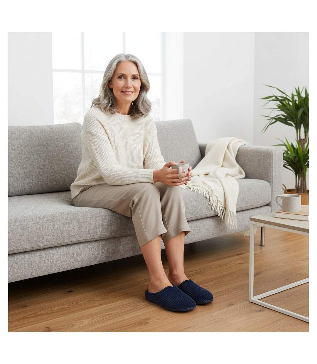 OZABI Mules Femme Unies, Velours Côtelé Synthétique, Passepoil Fourrure-5