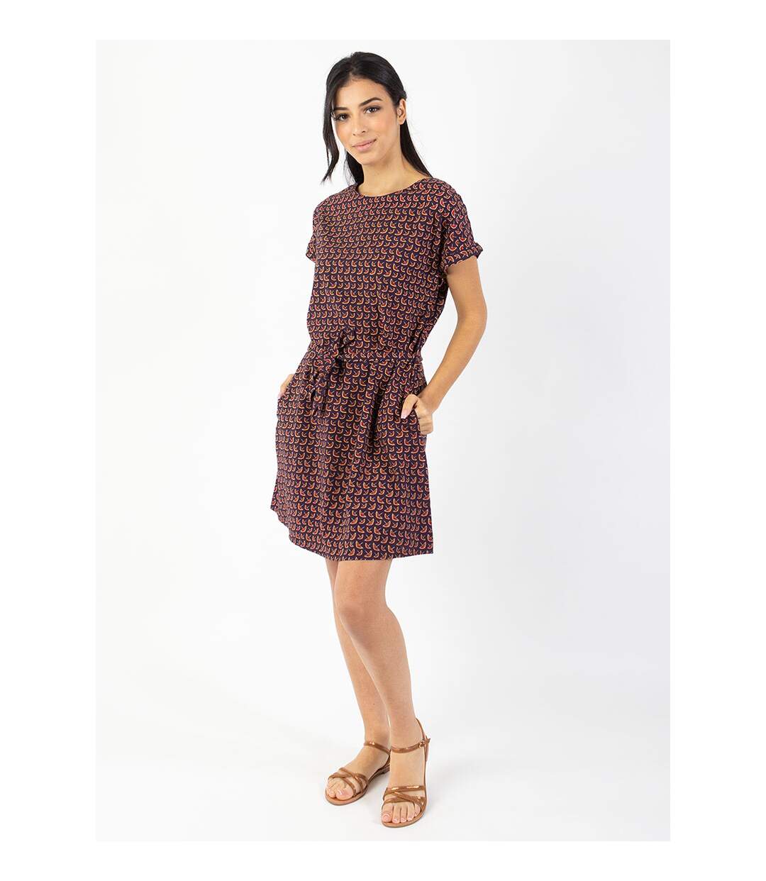 Robe courte ceinturée MIRANDA imprimé ethnique prune Coton Du Monde