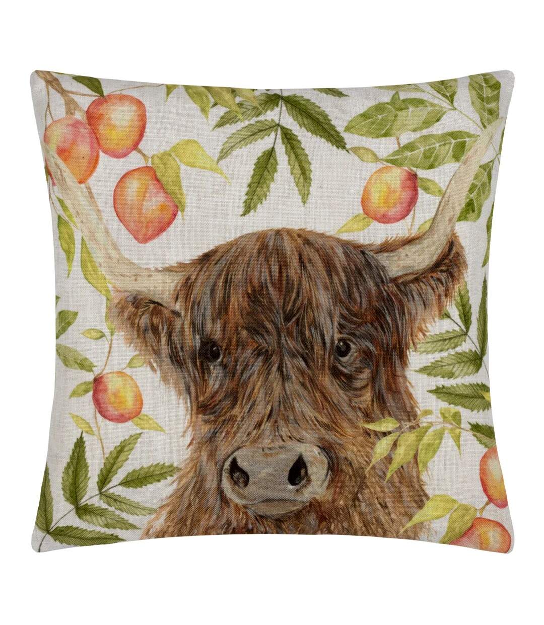 Grove highland cow cushion cover 43cm x 43cm brown/white/green Evans Lichfield