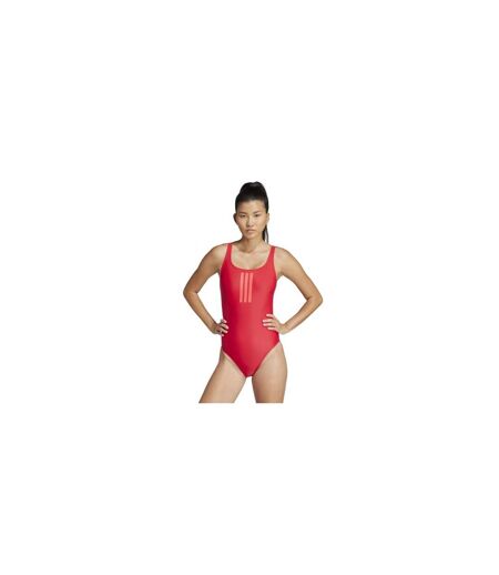 Womens/ladies Triple Stripe One Piece Swimsuit Ruby Red Adidas
