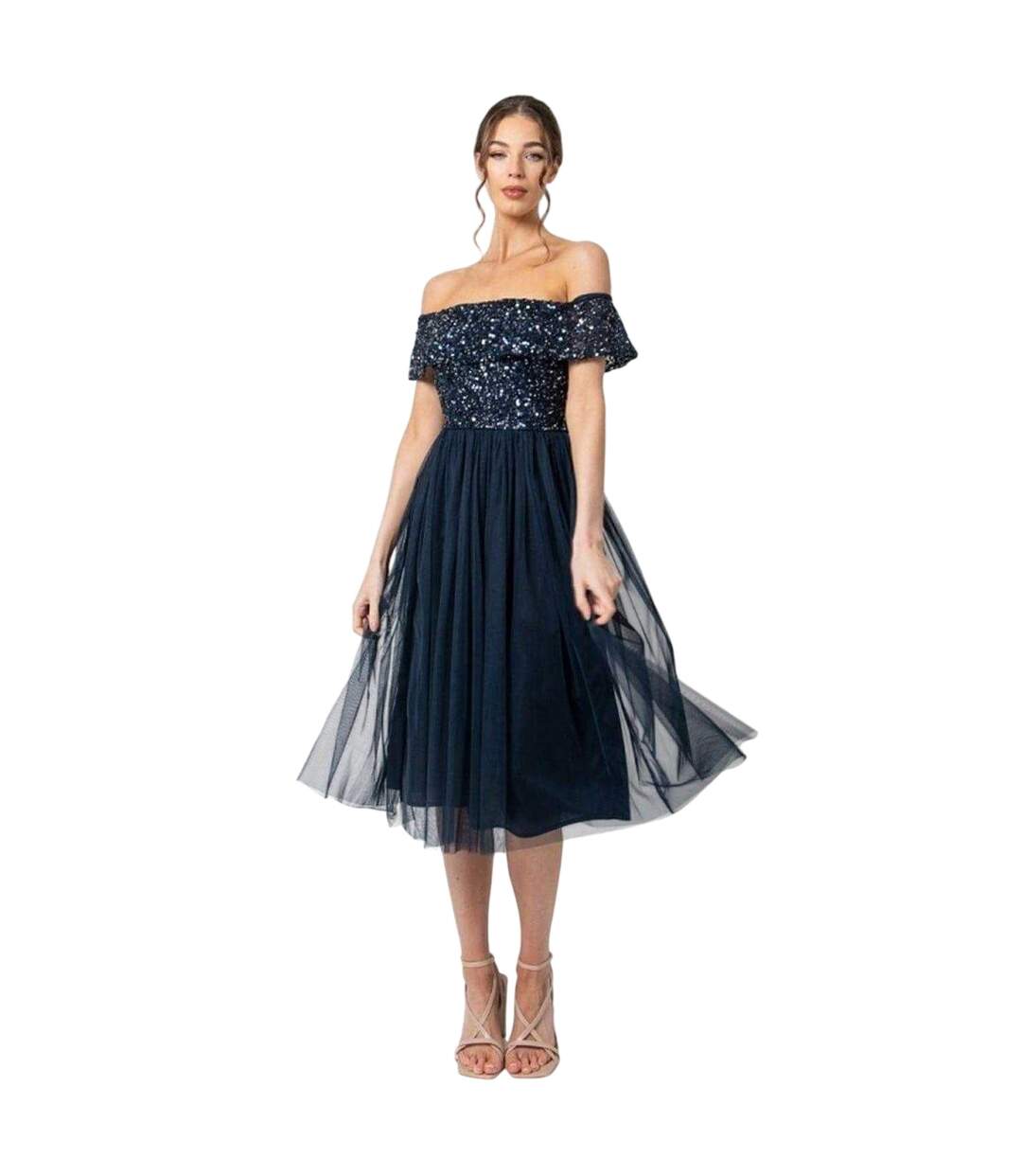 Robe Mi-longue Manches Courtes Motif/style Paillette Femme Bleu Marine Maya Deluxe-2