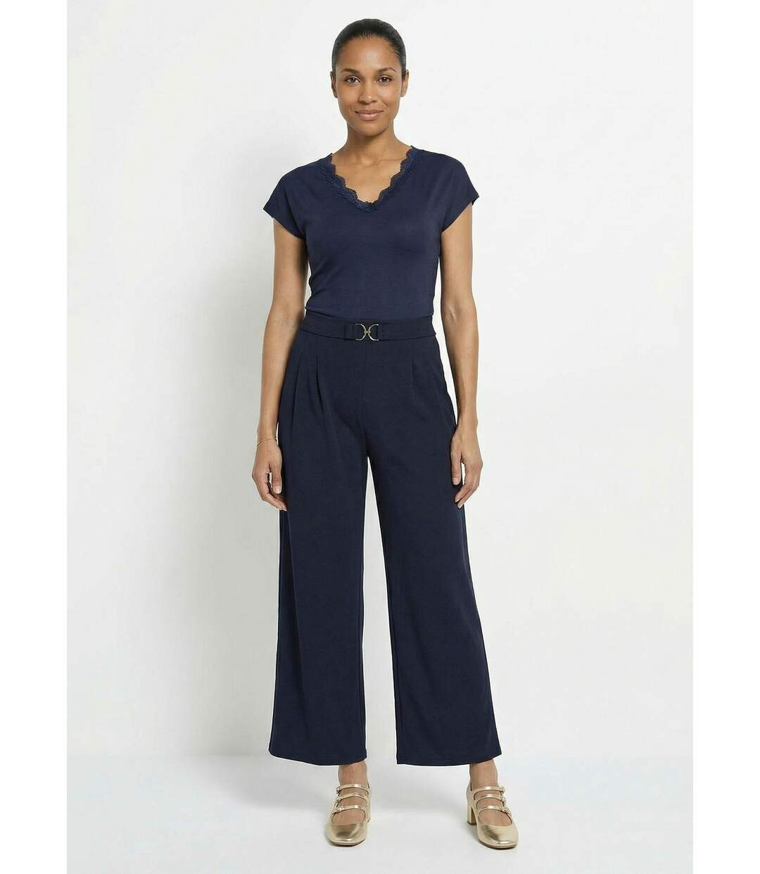Pantalon large maille détail chic métal-3