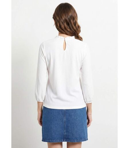 T-shirt blanc col montant volanté maille gaufrée