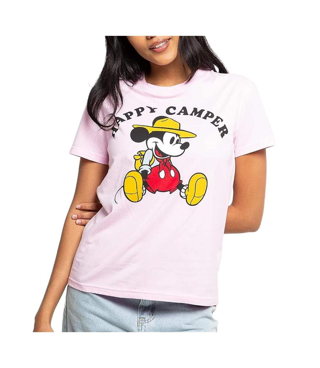 T-Shirt rose femme disney mickey happy camper-1