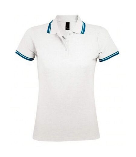 SOLS Womens/Ladies Pasadena Tipped Short Sleeve Pique Polo Shirt (White/Aqua Blue)