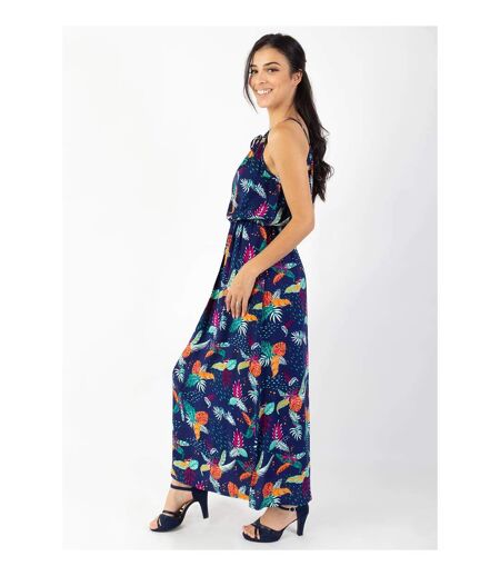 Robe longue col licou NAYA imprimé tropical bleu Coton Du Monde