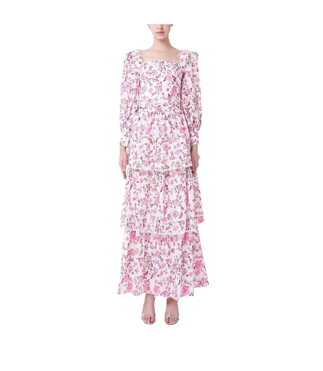 Womens/ladies Floral Cut Out Regular Maxi Dress White Fuchsia Special Occasion-1