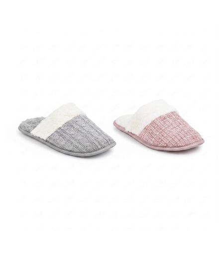 OZABI Pack 2 Paires Mules Femme Tricot Torsadé Bord Fausse Fourrure