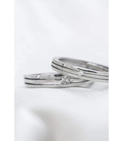 Silver Couple Promise Parallel lines Single Zircon Matching Rings
