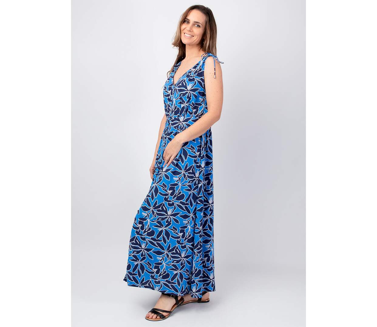 Robe longue larges bretelles froncées PALOMA imprimé bleu océan Coton Du Monde-3