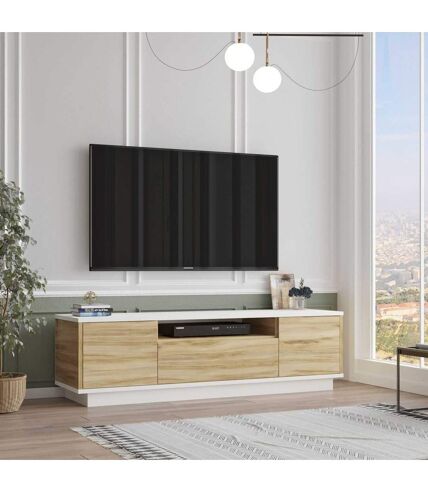 Meuble TV Séville 3 portes et une niche en bois - Blanc et marron