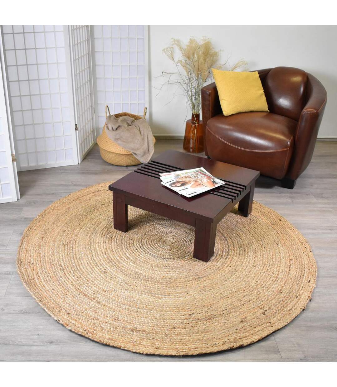 Tapis rond fait à la main en jute motif uni SUNNY