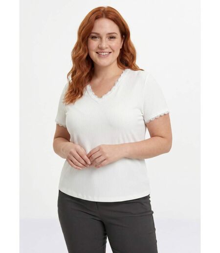 T-shirt col V fines côtes dentelle manches courtes