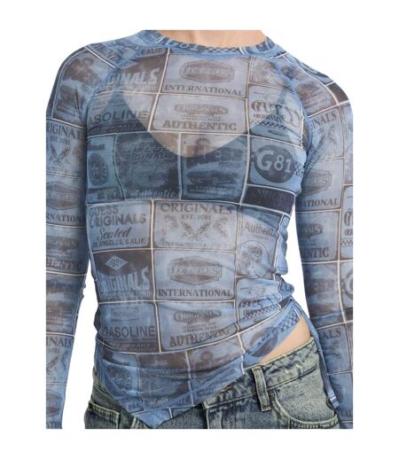 Womens/ladies Lettering Mesh Slim Raglan T-shirt Blue Guess