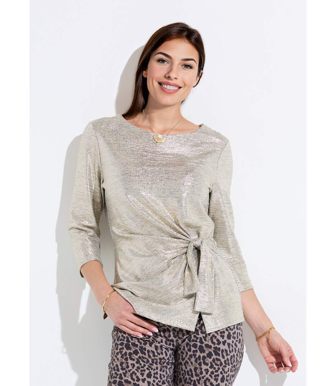 T-shirt long doré effet noué manches 3/4-1