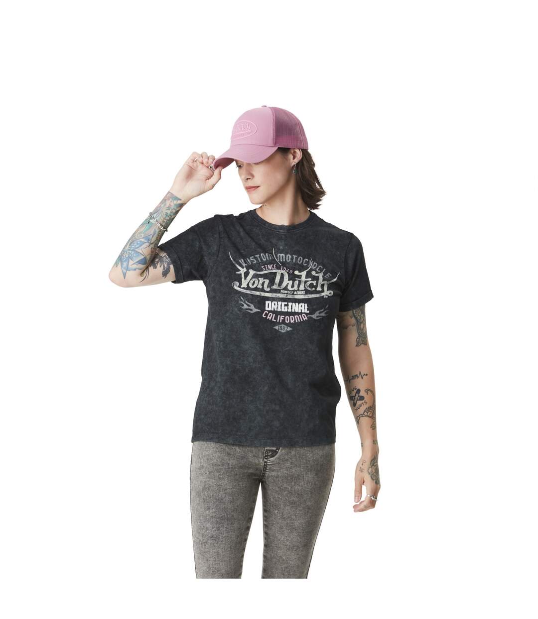 T-shirt femme col rond acid wash et print devant Compo Vondutch