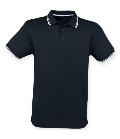 Henbury Mens Coolplus Moisture Wicking Short Sleeve Polo Shirt (Navy/White)