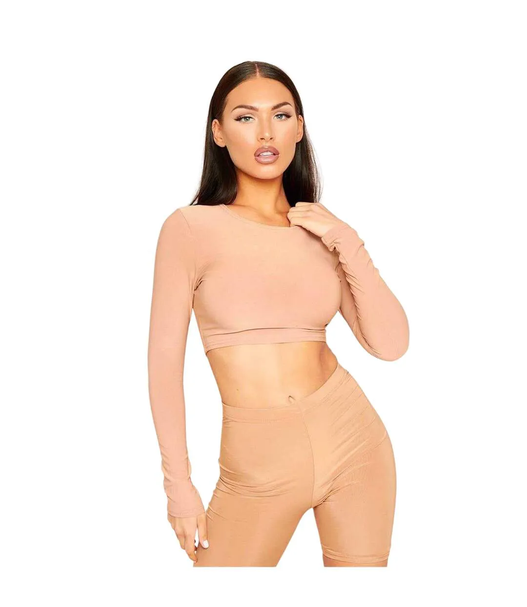 Womens/ladies Crew Neck Long-sleeved Crop Top Camel Missy Empire-1