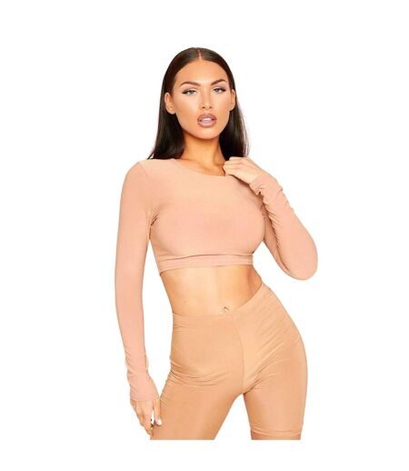 Womens/ladies Crew Neck Long-sleeved Crop Top Camel Missy Empire