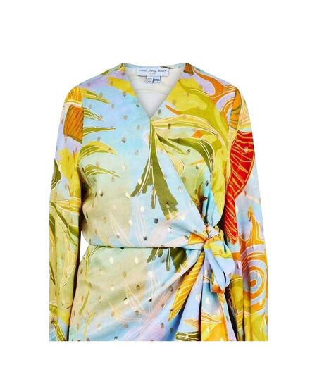 Robe Portefeuille Manches Longues Motif/style Floral Femme Bleu Jaune Never Fully Dressed