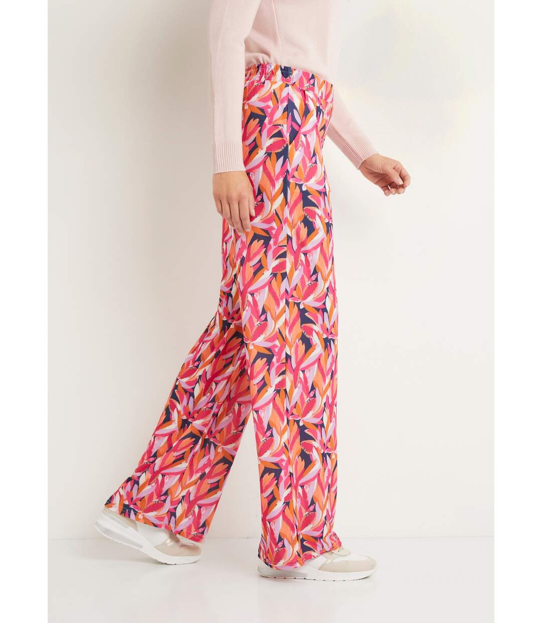 Pantalon large taille élastiquée feuillage-3