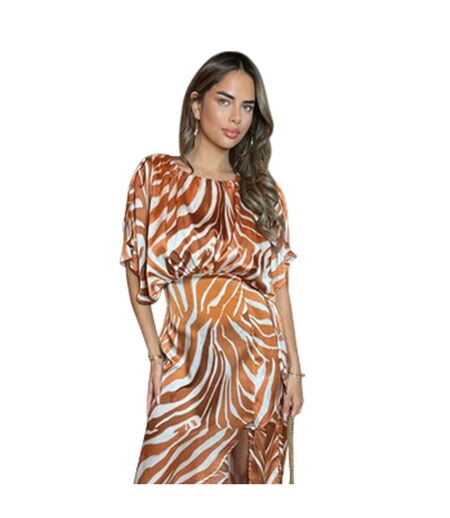 Womens/ladies Zebra Print Polyester Batwing Sleeve Midi Dress Rust AX Paris