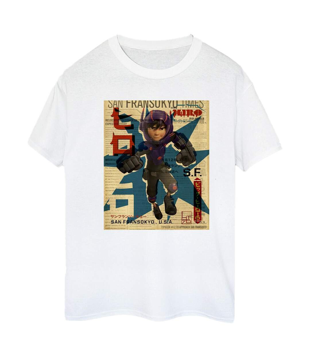 Disney Femme/Les femmes Big Hero 6 Baymax Hiro Newspaper Coton Boyfriend T-Shirt (Blanc) - UTBI15473-1
