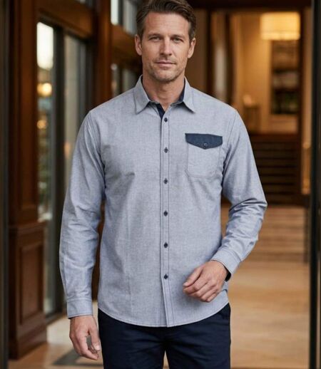 WINCHESTER TALISMAN1 — Chemise à carreaux manches longues bleu chambray : aisance naturelle en pur coton