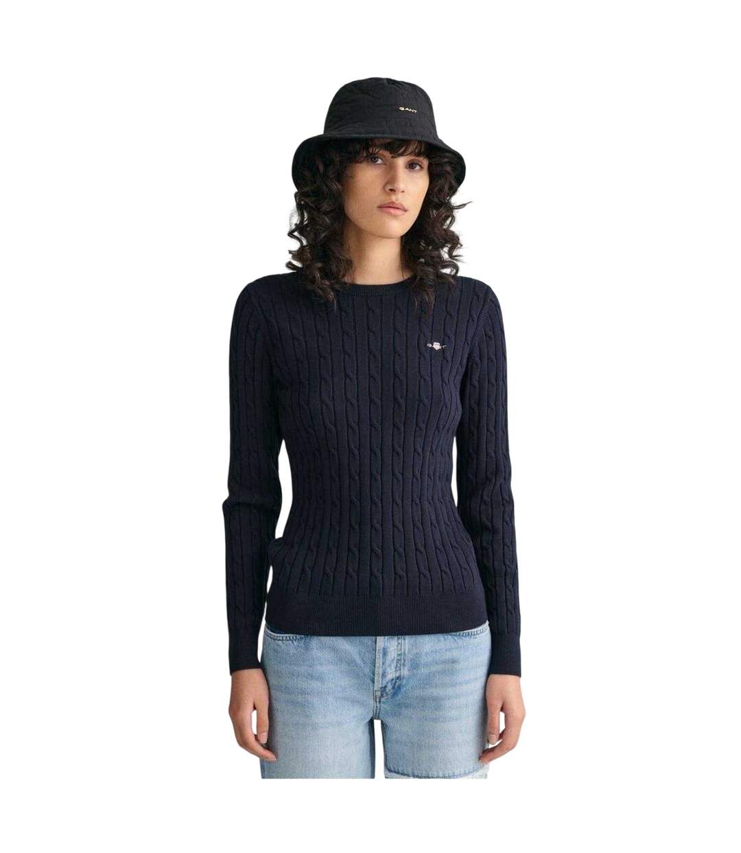 Womens/ladies Cable Knit Cotton Crew Neck Pullover Evening Blue Gant-1