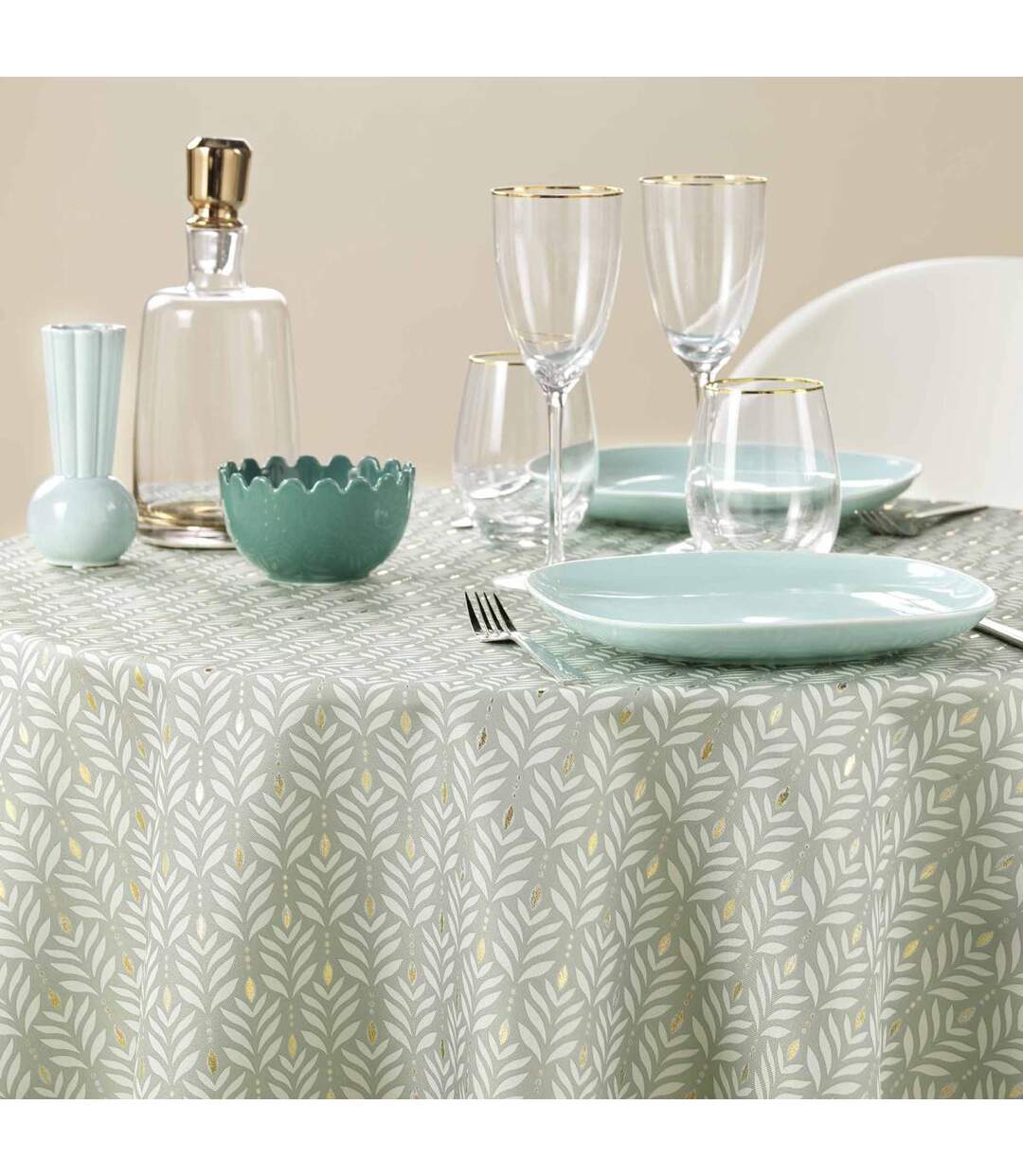 Nappe Ronde Imprimé Piana 180cm Sauge-4