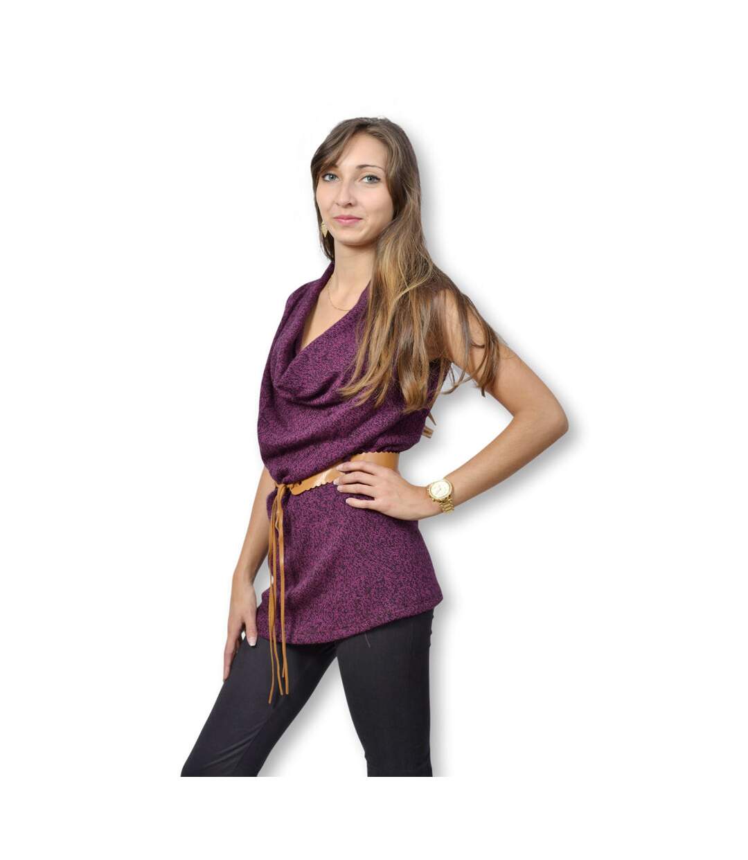 Pull tunique femme sans manche de couleur violet-4