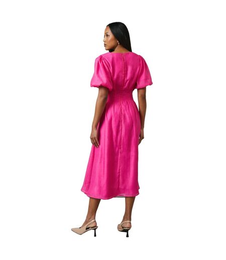 Womens/ladies pleated puff sleeve midi dress cerise Principles