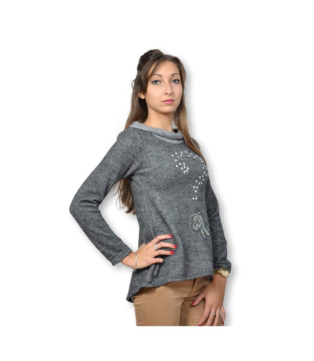 Pull femme manches longues de couleur gris col boule-3