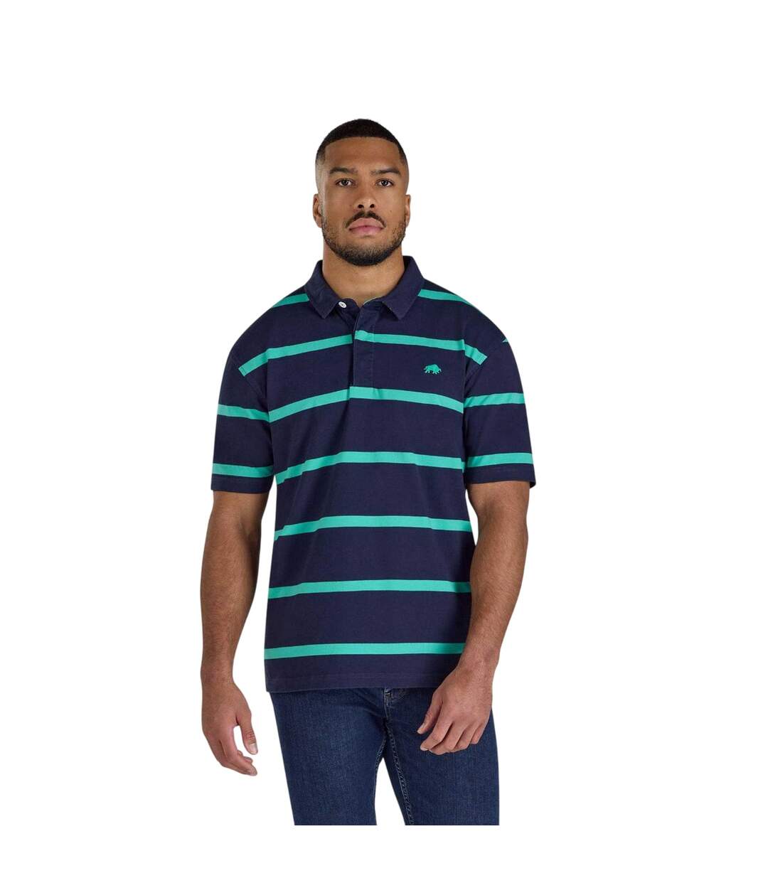 Mens Stripe Rugby Polo Shirt Navy Raging Bull-2