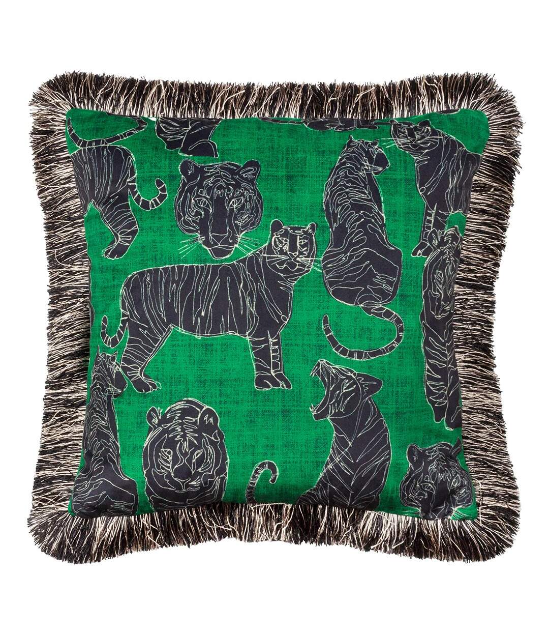 Wildcat fringed velvet tiger cushion cover 45cm x 45cm jungle green Furn