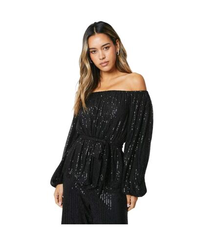 Womens/ladies sequin bardot long-sleeved blouse black Dorothy Perkins