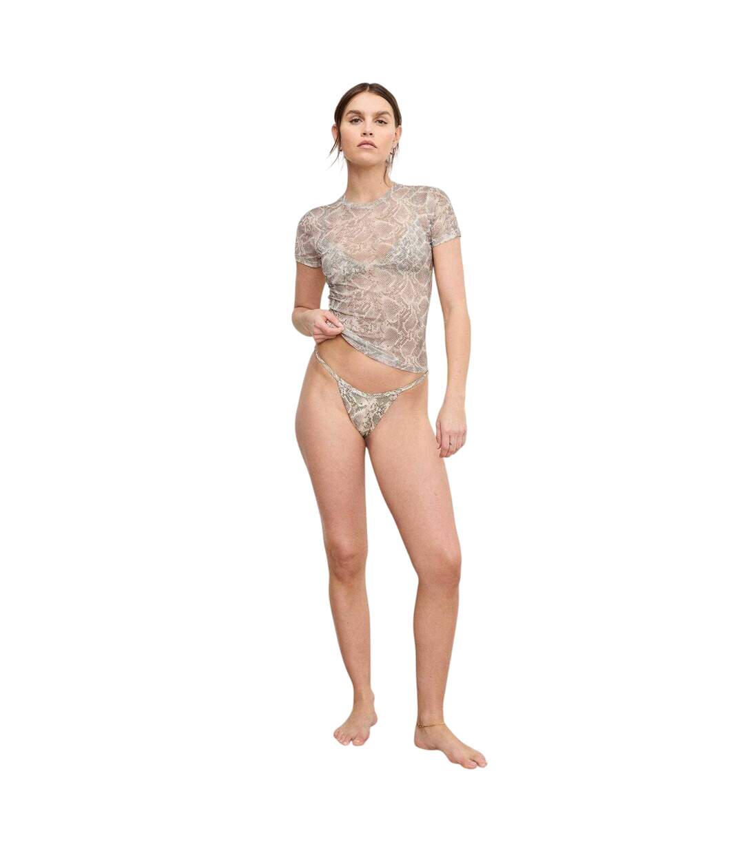 Womens/ladies Snake Print Mesh Slim T-shirt Beige Good American-4