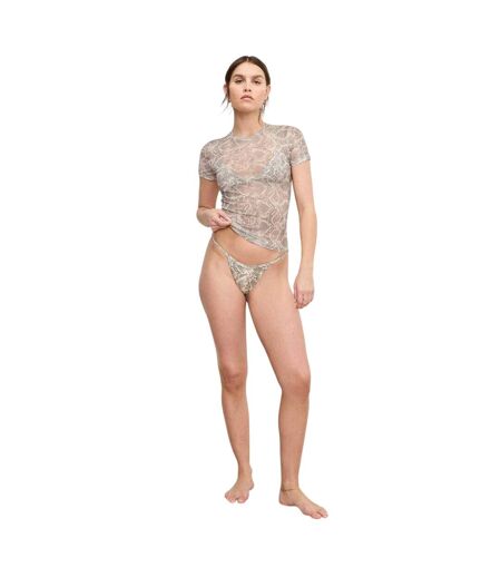 Womens/ladies Snake Print Mesh Slim T-shirt Beige Good American